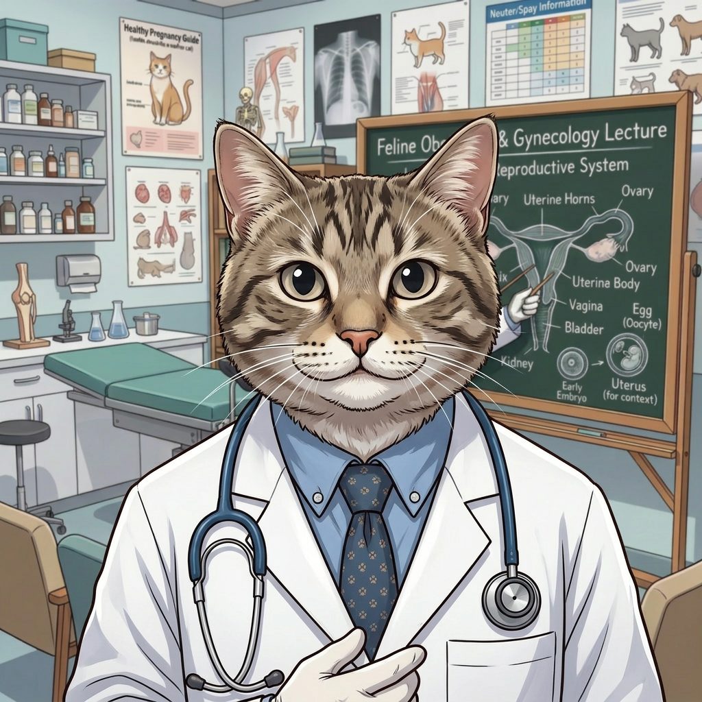 Cat professor in lab coat teaching feline muscular system to animal students