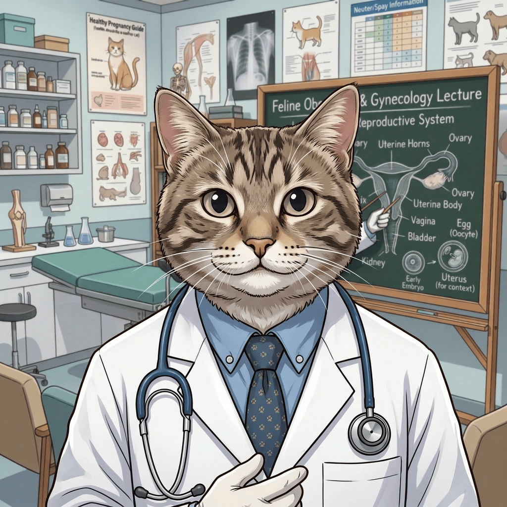 Current image: Cat professor in lab coat teaching feline muscular system to animal students